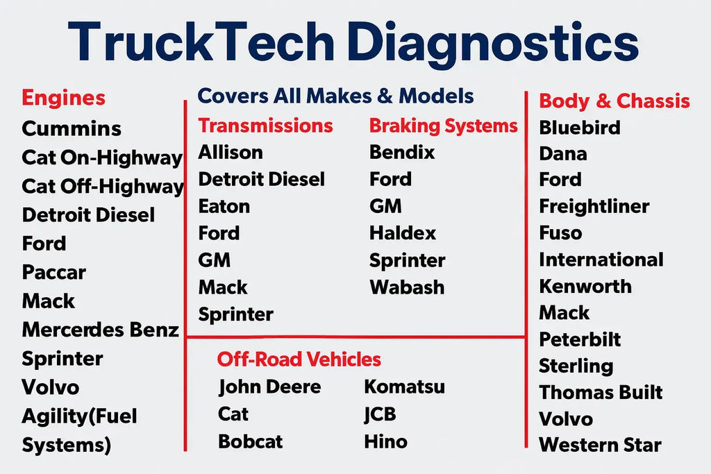 TruckTech Diagnostics overview chart for engines, transmissions, braking systems, body, chassis, and off-road vehicles.